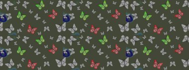 Tekstil baskısı için ekose kelebek. Yeşil renklerin çizimi. Karala, karala, karala. Raster illüstrasyonu. Çizim deseni.