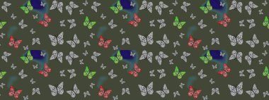 Raster illüstrasyonu. Kelebekli parlak eskiz deseni. Moda Kumaşı Tasarımı. Yeşil renkte resim.