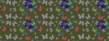 Kumaş, kağıt, ambalaj kâğıdı ve duvar kağıdı tasarımı için güzel bir arka plan. Raster illüstrasyonu. Renkli kelebeklerin eskiz arka planı.