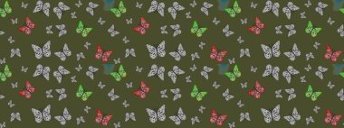 Kumaş, kağıt, ambalaj kâğıdı ve duvar kağıdı tasarımı için harika bir arka plan. Kelebek desenli yeşiller. Raster. Çizim.