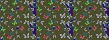 Raster illüstrasyonu. Kumaş, kağıt, ambalaj kâğıdı ve duvar kağıdı tasarımı için hoş bir arka plan. Yeşil arkaplanda kelebek deseni.