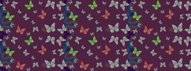 Raster illüstrasyonu. Çizim kalıbı. Kumaş, tekstil, baskı ve davetiye için arka plan. Kahverengi renkte güzel renkli kelebekler.
