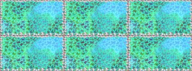 Mavi ve yeşil renkli bir resim. Kağıt, kumaş ve ambalaj için uygun. Raster çiçekli, kelebekli kusursuz desen..