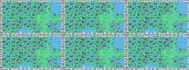 Kumaş, Tekstil, Baskı ve Davetiye için arka plan. Yeşil ve mavi renklerin çizimi. Suluboya stilinde uçan kelebeklerin kusursuz deseni. Raster illüstrasyonu. Doğada Güzellik.