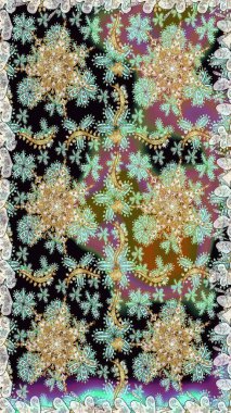 Tarafsız renklerde, altın elementlerle kusursuz desen. Hassas altın deseni açın. Doğu tarzı arabesk. Parlak dantel, stilize çiçekler, şal desenli. Raster. Kusursuz altın dokular bukleler.