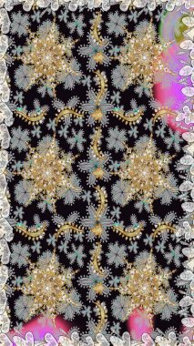 Raster altın pürüzsüz desen. Gri renkli ve altın elementli altın desenli. Arkaplan, kumaş, altın duvar kağıdı. Düz elle çizilmiş vintage koleksiyonu.