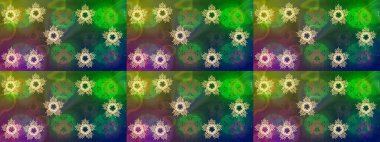 Renkli arka planda izole kar taneleri. Raster illüstrasyonu. Kar taneleri radyal yeşil, kahverengi ve mavi renkler.