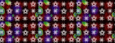 Kar tanelerinin soyut arkaplanlı Noel şablonu. Siyah, kahverengi ve kırmızı kar taneleri. Raster illüstrasyonu. Renkler. Noel ve Yeni Yıl moda baskıları için tatil tasarımı.