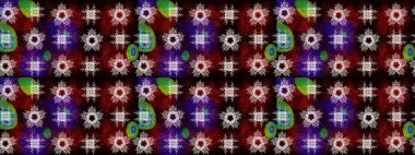 Kar tanelerinin soyut arkaplanlı Noel şablonu. Siyah, kahverengi ve kırmızı kar taneleri. Raster illüstrasyonu. Renkler. Noel ve Yeni Yıl moda baskıları için tatil tasarımı.