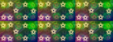 Renkli arka planda izole kar taneleri. Raster illüstrasyonu. Kar taneleri radyal yeşil, kahverengi ve mavi renkler.