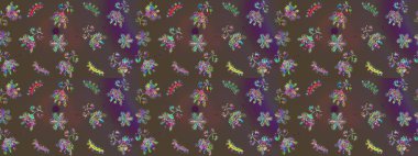 Sevimli çiçek raster deseni. Kahverengi, gri ve mor renkte çiçekler. Renkli Yaz Temalı Kusursuz Arkaplan. Düz Çiçek Elementleri Tasarımı.