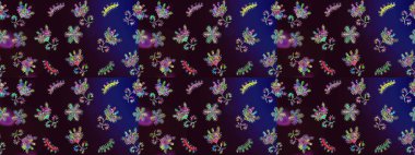 Çiçekli bahar çiçekleri. Küçük çiçekte güzel bir desen. Küçük renkli çiçekler. Moda baskıları için zarif bir şablon. Motley illüstrasyonu. Çizim.