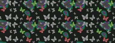 Erkekler, kızlar, kıyafetler, duvar kağıtları için soyut bir model. Gri renkli resimler. Raster. Fantezi çizimi. Bir sürü kelebek desenli çizim..