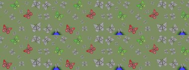 Farklı yönlere uçan renkli kelebek koleksiyonu. Kızlar, erkekler, elbiseler, duvar kağıtları için soyut çizim kalıpları. Raster illüstrasyonu.