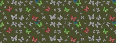 Kelebek gölgeleri ve siluetler. Raster illüstrasyonu. Bahar ve yaz tropikal kelebek eskiz deseni yeşil renklerde. Kumaş, kağıt, ambalaj için uygun.