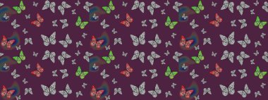Moda Kumaşı Tasarımı. Kelebekli soyut çiçek arkaplanı çiz. Çizim, karalama, karalama. Raster. Sonsuz.