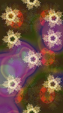 Raster illüstrasyonu. Yüzey için tekrarlanan doku, ambalaj kağıdı, kahverengi, mor ve yeşil renkler. Kış kar tanesi, raster arka plan. Renkli arka planda izole edilmiş güzel kar taneleri.