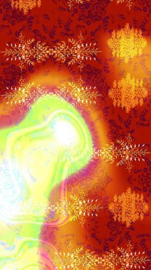 Sanat terapisi tarzı zen çizim için kırmızı, turuncu ve sarı mandala şeklinde kar taneleri. El çizimi, dövme stili, kumaş tasarımı ve Raster illüstrasyonunda kartlar..