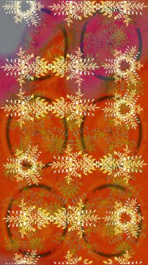 Raster illüstrasyonu. Noel ve yeni yıl moda baskıları için tatil tasarımı. Turuncu, kahverengi ve kırmızı renkler. Kar tanelerinin soyut arkaplanlı Noel deseni.