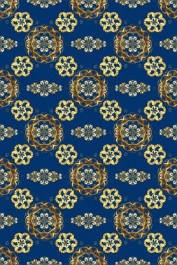 Barok tarzında duvar kağıdı tasarımı için kusursuz damaske deseni arkaplanı. Süslü raster dekorasyonu. Altın desenli mavi, kahverengi ve bej rengi altın elementlerle.