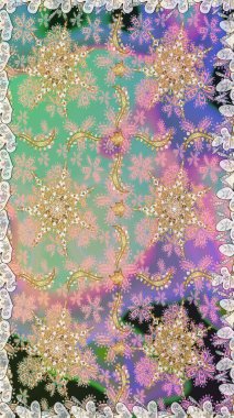 Raster altın tekstil baskısı. Kusursuz desenli oryantal süs. İslam tasarımı. Altın elementlerle nötr renklerde altın desen. Çiçek karoları.