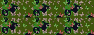 Kumaş, tekstil, baskı ve davetiye örnekleri. Raster. Doğadaki güzellik. Yeşil arka planda uçan güzel kelebek. Çizim deseni.