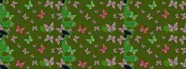 Kelebekli renkli folklor deseni. Yeşil arka planda renkli kelebekler. Paketleme, kağıt, kumaş için uygun.