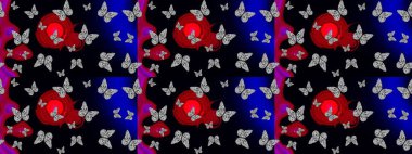 Tasarım için Raster Kelebekleri. Raster illüstrasyonu. Giysi tarzı için siyah arka planda dekorasyon. Farklı renkte kelebeklerin çizimi. Fantezi renkli resimler koleksiyonu.