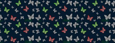 Çizim, karalama, karalama. Kelebekli soyut çiçek arkaplanı çiz. Moda Kumaşı Tasarımı. Sonsuz. Raster..