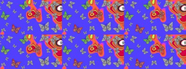 Raster. Kağıt, kumaş, ambalaj kağıdı ve duvar kâğıdı tasarımı için hoş bir arkaplan. Çocuk kelebek çizim kalıbı. Mor renkli sanat kelebekleri.