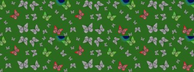 Paketleme, kağıt ve kumaş için uygun. Kelebekli renkli folklor deseni. Yeşil arka planda renkli kelebekler.