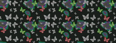 Erkekler, kızlar, kıyafetler, duvar kağıtları için soyut bir model. Gri renkli resimler. Raster. Fantezi çizimi. Bir sürü kelebek desenli çizim..