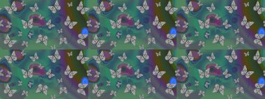 Suluboya soyut parlak desenli kelebek kanatları, retro renkler. Kumaş, tekstil, baskı ve davetiye için arka plan. Yeşil renkli resimler.