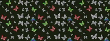 Duvar kağıtları, web sayfası geçmişi, yüzey dokuları, tekstil için mükemmel. Raster Kelebekleri deseni. Soyut eskiz arka planı. Gri renkli resimler tropikal kelebeklerle birlikte.