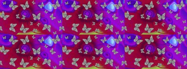 Giysi kumaşı için böcek dokusu parçası tekrarlanıyor. Raster illüstrasyonu. Çizim, karalama, karalama. Sonsuz. Bahar Kelebeği teması. Mor üzerine güzel bir kelebek kumaşı çizimi.