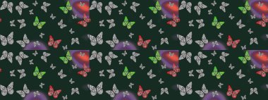 Raster illüstrasyonu. Farklı yönlere uçan renkli kelebek koleksiyonu. Kızlar, erkekler, kıyafetler, duvar kağıtları için soyut çizim kalıbı.