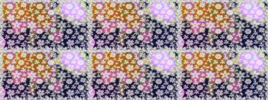 Bahar Tema Dikişsiz desen arka plan rengi. Düz çiçek öğeleri tasarım. Raster çizimde sorunsuz çiçek desenli. Fantezi kumaş deseni.