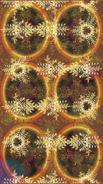 Kahverengi, sarı ve turuncu renkler. Noel ve yeni yıl moda baskıları için tatil tasarımı. Kar tanelerinin soyut arkaplanlı Noel şablonu. Raster illüstrasyonu.