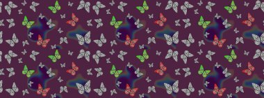 Nakış, egzotik kelebeklerle süslü çiçek eskiz deseni. Kart, baskı ve davetiye için basit şirin bir desen. Giysi tasarımı için kahverengi arka planda geleneksel Raster halk çiçekleri dekoru.