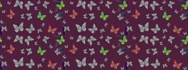 Raster illüstrasyonu. Kağıt, kumaş ve ambalaj için uygun. Kahverengi arka planda renkli kelebek koleksiyonu. Kart, baskı ve davetiye için basit kadınsı bir model. Çizim.