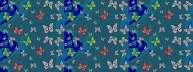 Sonsuz. Yazdırmayı tekrarla. Raster illüstrasyonu. Mavi soyut suluboya kelebekli yumuşak bir deniz mavisi deseni..