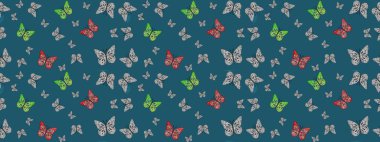 Raster. Çocuk kelebek çizim kalıbı. Kağıt, kumaş, ambalaj kağıdı ve duvar kâğıdı tasarımı için hoş bir arkaplan. Mavi renkte sanat kelebekleri.