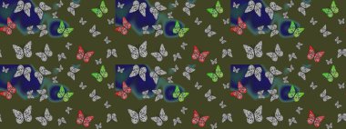 Sonsuz. Yazdırmayı tekrarla. Yeşil, soyut suluboya kelebeklerle bezenmiş yumuşak bir deniz mavisi deseni. Raster illüstrasyonu.