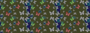 Kumaş, tekstil, baskı ve davetiye için arka plan. Çizim kalıbı. Raster illüstrasyonu. Yeşil renkte güzel renk kelebekleri.