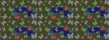 Duvar kağıtları, web sayfası geçmişi, yüzey dokuları, tekstil için mükemmel. Soyut eskiz arka planı. Raster Kelebekleri deseni. Tropikal kelebeklerle yeşil renkli resimler.