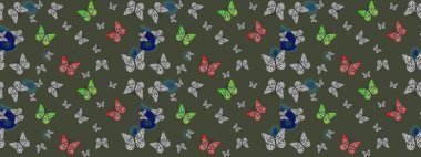 Raster. Yeşil sevimli arka planda kelebekler. Kağıt, kumaş ve ambalaj için uygun. Çizim deseni.