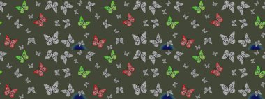 Çocuk kelebek çizim kalıbı. Raster. Yeşil renkli sanat kelebekleri. Kağıt, kumaş, ambalaj kağıdı ve duvar kağıdı tasarımı için sevimli bir arkaplan.