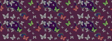 Moda tarzı. Kelebek, kanat, neon renkli yaratıcı raster arka plan. Kızlar, erkekler, elbiseler, duvar kağıtları için soyut çizim kalıbı. Tekstil ve kumaş için komik kelebek deseni.