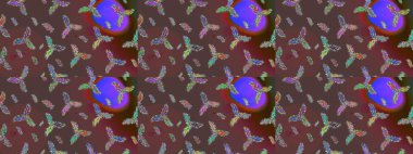 Kar tanelerinin soyut arkaplanlı Noel şablonu. Raster illüstrasyonu. Kahverengi, mor ve yeşil renkler. Noel ve Yeni Yıl moda baskıları için tatil tasarımı.