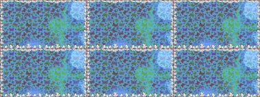 Raster illüstrasyonu. Mavi ve yeşil arka planda kelebek deseni var. Kumaş, kağıt, ambalaj kağıdı ve duvar kağıdı tasarımı için sevimli bir arkaplan.